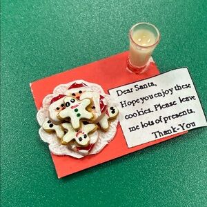 Doll House Miniature Christmas Cookie Platter & Glass of Milk& Note for Santa